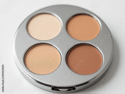 A close-up shot of a compact makeup palette with multiple colors and brushes