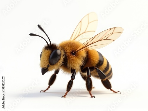 A detailed view of a bee on a white background, great for illustrations and designs