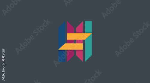 An abstract geometric logo design presenting bold color blocks arranged creatively, symbolizing innovation, creativity, and collaboration in a modern style.