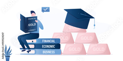 Financial literacy and precious metals investment. Young investor or businessman reading financial manual about gold and stock market. Textbook for trader beginner.