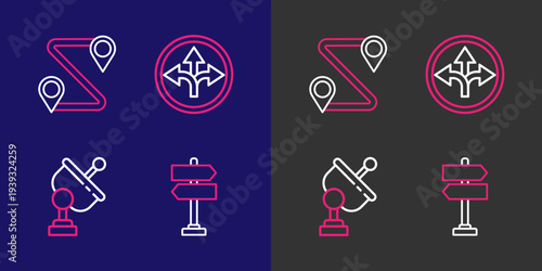 Set line Road traffic sign, Radar, and Route location icon. Vector