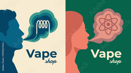 This artistic vape shop logo features one silhouette exhaling vapor with images representing both engineering and science, symbolizing innovation and creativity in vaping.
