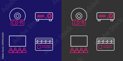 Set line Movie clapper, Cinema auditorium with screen, Movie, film, media projector and CD DVD disk icon. Vector