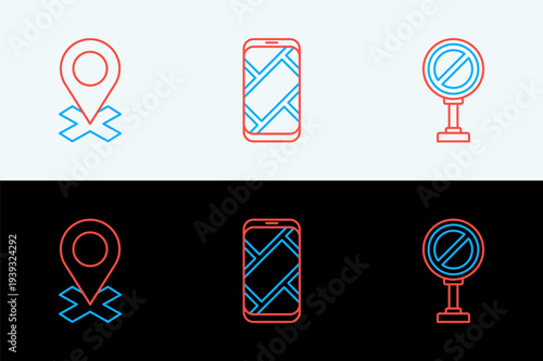 Set line Stop sign, Location and City map navigation icon. Vector