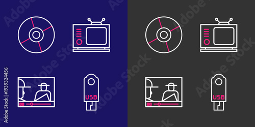 Set line USB flash drive, Online play video, Retro tv and CD or DVD disk icon. Vector