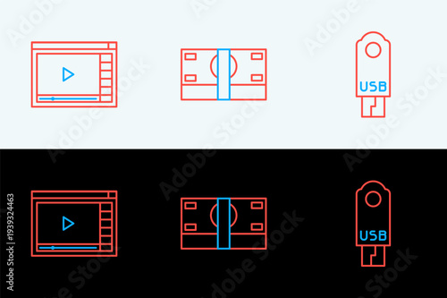Set line USB flash drive, Online play video and Stacks paper money cash icon. Vector