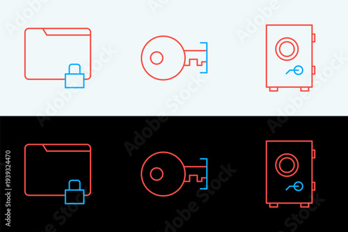 Set line Safe, Folder and lock and Key icon. Vector