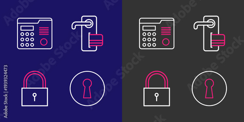 Set line Keyhole, Lock, Digital door lock and House intercom system icon. Vector