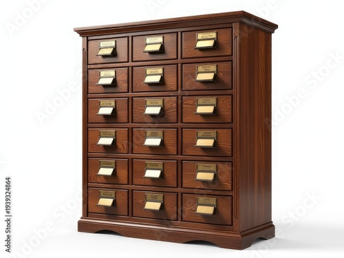 A wooden cabinet with multiple drawers, ideal for storing office supplies or personal items