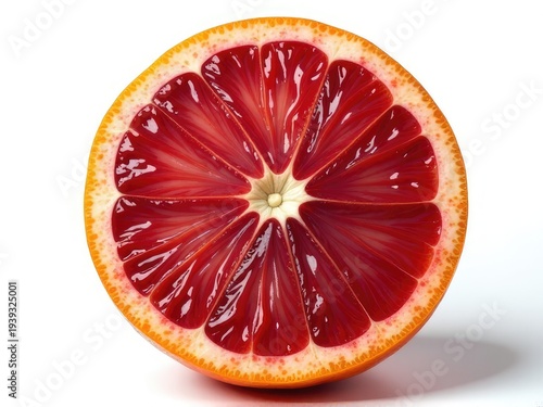 A fresh blood orange cut in half on a white surface, ready for juice or zest