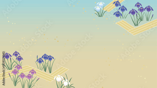 菖蒲の花の対角フレーム背景（16:9）｜初夏の和風グラデーションベクター素材