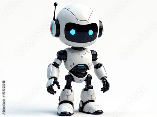 A white robot stands on a white surface, featuring blue eyes