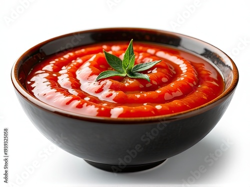 A warm and comforting bowl of tomato soup topped with a fresh sprig of basil, perfect for a cozy meal or snack