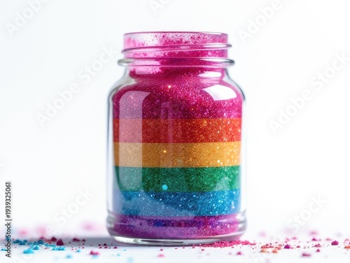 A clear glass jar filled with sparkling glitter sits on a table, great for decoration or crafting