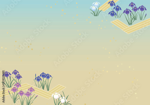 菖蒲の花の対角フレーム背景（A4）｜初夏の和風グラデーションベクターテンプレート