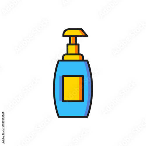 Color Bottle of liquid antibacterial soap with dispenser icon isolated on white background. Antiseptic. Disinfection, hygiene, skin care. Flat filled outline style with shadow. Vector