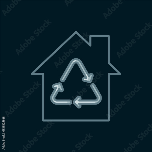 Line Eco House with recycling symbol icon isolated on black background. Ecology home with recycle arrows. Flat filled outline style with shadow. Vector