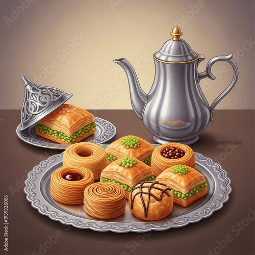 Festive table with Middle Eastern sweets and ornate tea pot  