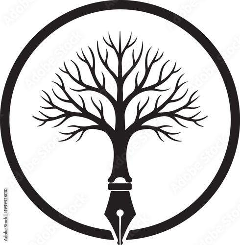 A black and white logo of a tree with a pen nib