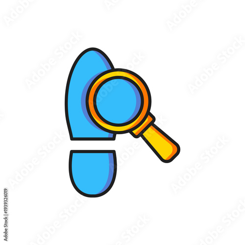 Color Magnifying glass with footsteps icon isolated on white background. Detective is investigating. To follow in the footsteps. Flat filled outline style with shadow. Vector