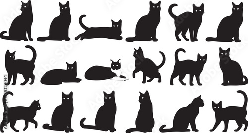Set of 15 black cat silhouettes vector