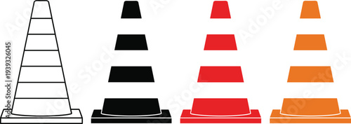Collection of traffic cone icons in orange, red, black, and outline styles, safety construction road sign symbols isolated on white background.
