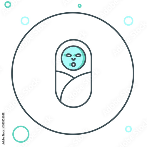 Line Newborn baby infant swaddled or swaddling icon isolated on white background. Baby kid child wrapped in blanket clothes. Colorful outline concept. Vector