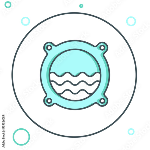 Line Ship porthole with rivets and seascape outside icon isolated on white background. Colorful outline concept. Vector