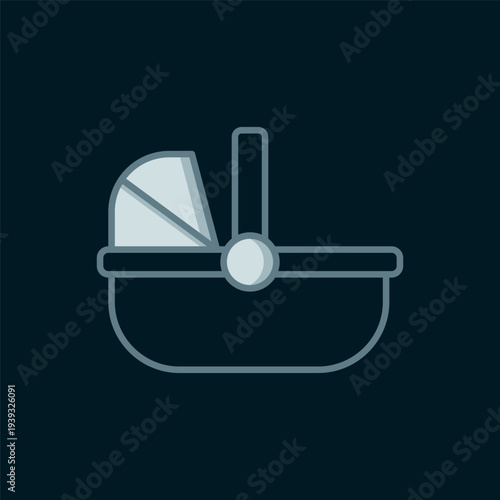 Line Baby stroller icon isolated on black background. Baby carriage, buggy, pram, stroller, wheel. Flat filled outline style with shadow. Vector