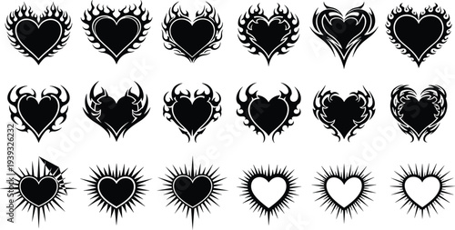 Set of black heart silhouettes with tribal flames and sunburst patterns, gothic tattoo style love symbols isolated on white background, vector.