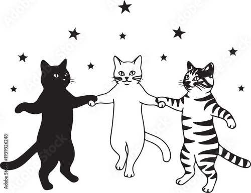 Set of 3 dancing cats vector illustrations