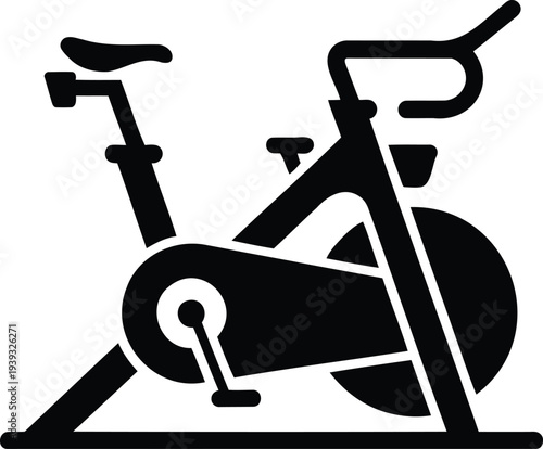 Black silhouette vector icon of a stationary exercise bike, perfect for fitness, gym, workout, and health-related graphic design projects and web elements.