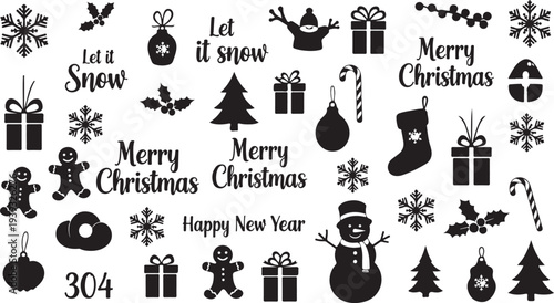 Set of 30 Christmas icons vector, black on white background