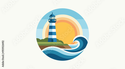 This vibrant graphic showcases a classic lighthouse by the coast, complemented by dynamic waves and a warm sunset, embodying themes of hope, guidance, and safety.