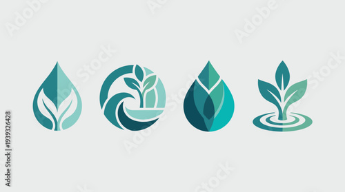 A collection of teardrop shapes with green themes that symbolize nature, growth, and sustainability, emphasizing the importance of ecological awareness and environmental care.