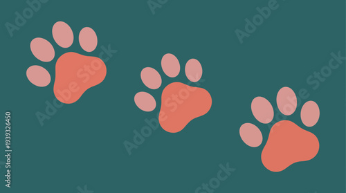 A playful arrangement of pink paw prints set against a deep teal background, representing the joy and affection of pets in our lives and their playful nature.