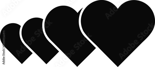Set of 4 black heart icons vector illustration, gradually increasing in size, perfect for love, rating, or favorite UI elements and graphic design projects