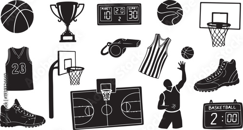 Set of 20 black basketball icons vector