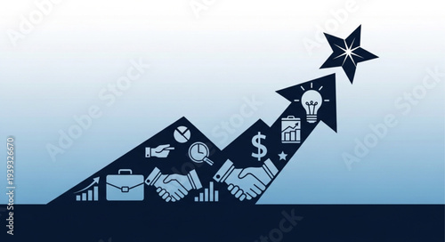Business Success Arrow with Icons and Star Reaching for Goals.