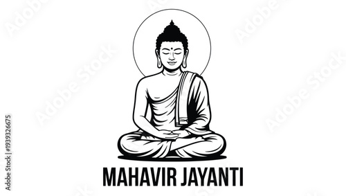 Lord Mahavir Meditation Line Art Illustration With Mahavir Jayanti Text, Jain Festival Spiritual Religious Design In Minimal Black Outline Style For Greeting Banner Poster Card IsolatedMobil 