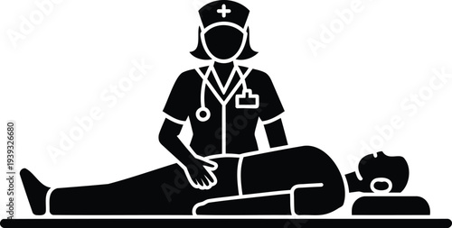 Black and white vector icon of a female nurse performing an abdominal examination on a male patient lying on an examination table, representing healthcare and medical check-ups.