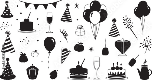 Set of 25 black and white birthday icons vector