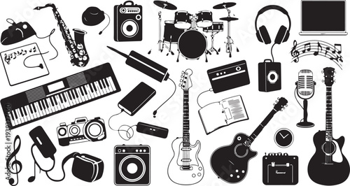 Set of 30 music icons vector, black and white