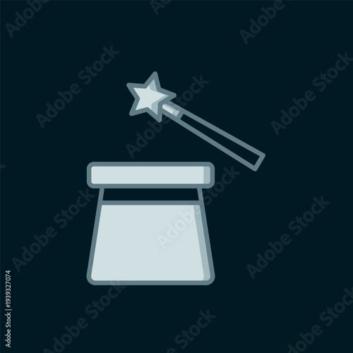 Line Magic hat and wand icon isolated on black background. Magic trick. Mystery entertainment concept. Flat filled outline style with shadow. Vector