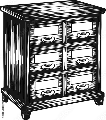 Vintage wooden cabinet with six drawers, classic storage furniture, rustic home decor illustration