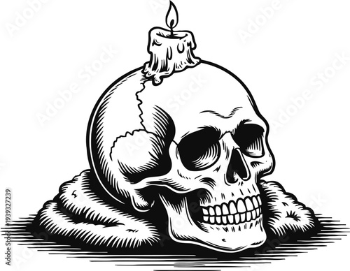 Human skull with melting candle on top lying on cloth with shadow black and white illustration