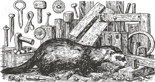 Vintage ferret exploring rustic wooden lock workshop with hand tools and metal hardware