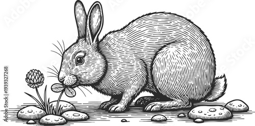 Detailed vintage engraving of a rabbit nibbling a clover flower with rocks on the ground