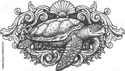 Detailed vintage sea turtle engraving with ornamental ocean waves and marine elements design