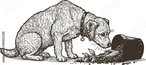 Curious dog sniffing spilled plant pot on the floor with scattered soil and leaves